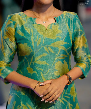 Pine Green Shimmer Tissue Kurti – Elegant Lined Casual Wear