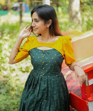 Festive Maxi Dress in Yellow & Emerald Green Chanderi Silk