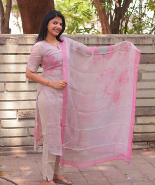 Blush Petal Whisper Organza 3-Piece Set with Hand Embroidery