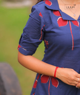 Berry Indigo Cotton A-Line Kurti with Elbow Sleeves
