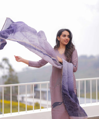 Smoky Mauve Hand Embroidered Slub Muslin 3 Piece Set