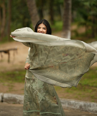 Sage Green Tissue Silk 3-Piece Set – Festive Elegance