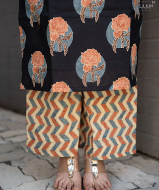 Midnight Terracotta Bloom Cotton Co-ord Set with Flared Bottom