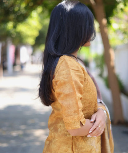 Golden Yellow Hakoba Kurti With Shawl