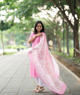 Rose Petal Pink Kurti with Shawl in Linen Cotton