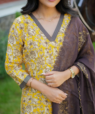 Elegant Yellow Muslin Silk 3-Piece Set with Embroidery