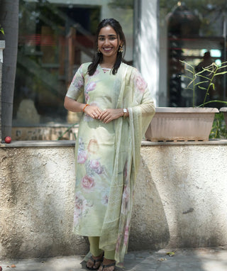 Pistachio Floral Mist Cotton Hand-Embroidered 3-Piece Set
