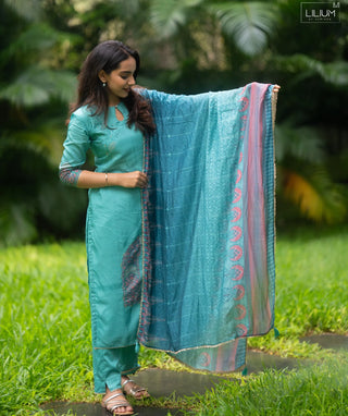 Ocean Peacock Tussar 3-Piece Festive Set with Pockets