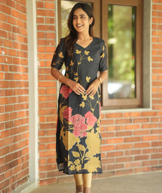 Midnight Blossom - Muslin Kurti with Handcrafted Embroidery