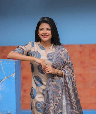 Misty Azure Tussar Slub 3-Piece Set with Pockets & Dupatta