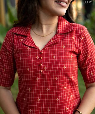 Crimson Check Cotton Kurti with Elbow Sleeves – Everyday Comfort