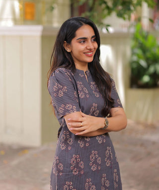 Mauve Slate Bloom Cotton Kurti with Elbow Sleeves