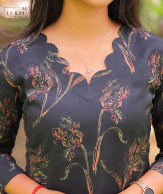 Midnight Meadow Muslin Kurti – Elegant 3/4 Sleeve Style