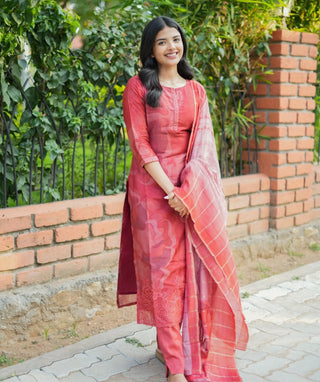 Brick Red Muslin 3-Piece Festive Wear Set with Embroidery