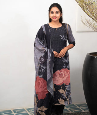 Midnight Slate Rose Soft Cotton 3 Piece Festive Set