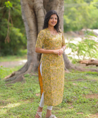 Golden Olive Cotton Straight Kurti with Elbow Sleeves | Everyday Elegance