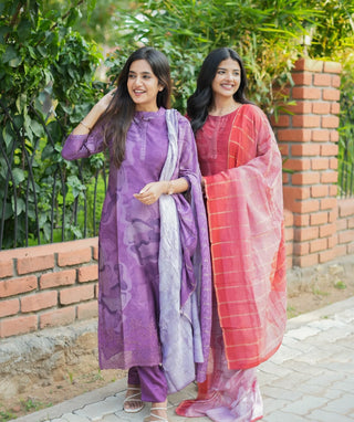 Purple Muslin 3-Piece Set with Embroidery – Festive Wear