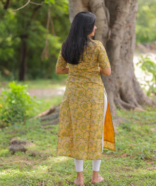 Golden Olive Cotton Straight Kurti with Elbow Sleeves | Everyday Elegance