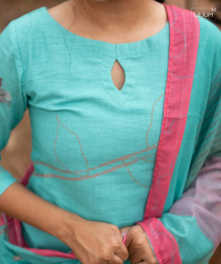 Princely Blue Linen Slub Kurti with Shawl - Festive Wear