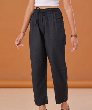 Classic Black Linen Cotton Ready-to-Wear Bottom with Pockets