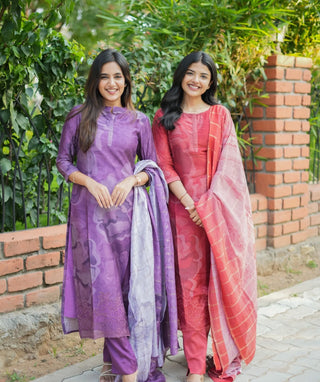 Purple Muslin 3-Piece Set with Embroidery – Festive Wear