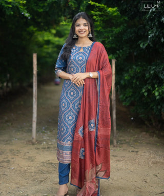 Indigo Dusk Pure Banaras Silk Festive 3 Piece Set