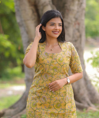Golden Olive Cotton Straight Kurti with Elbow Sleeves | Everyday Elegance