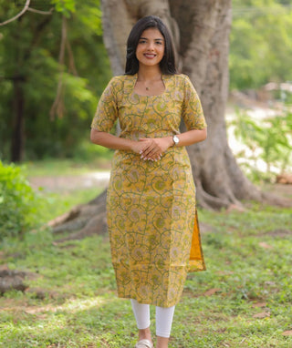 Golden Olive Cotton Straight Kurti with Elbow Sleeves | Everyday Elegance