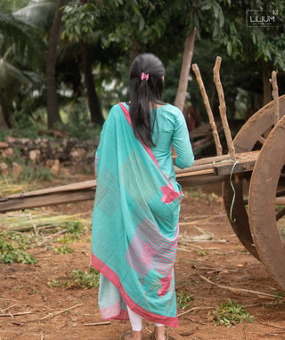 Princely Blue Linen Slub Kurti with Shawl - Festive Wear