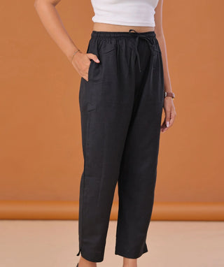 Classic Black Linen Cotton Ready-to-Wear Bottom with Pockets