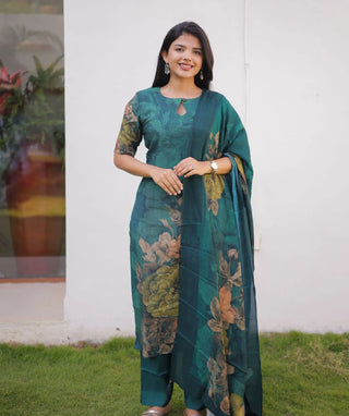 Emerald Forest Hand Embroidered Muslin 3 Piece Festive Set