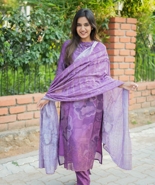 Purple Muslin 3-Piece Set with Embroidery – Festive Wear