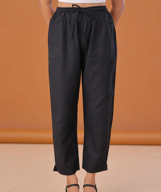 Classic Black Linen Cotton Ready-to-Wear Bottom with Pockets