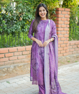 Purple Muslin 3-Piece Set with Embroidery – Festive Wear