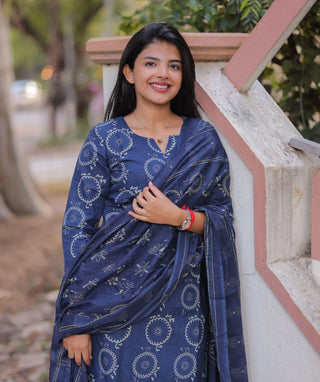 Midnight Indigo Cotton 3-Piece Set with 3/4 Sleeves