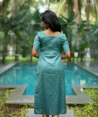 Lagoon Teal Banaras Silk Kurti – Elbow Sleeve Festive Top