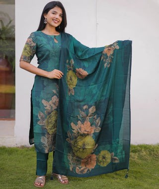 Emerald Forest Hand Embroidered Muslin 3 Piece Festive Set