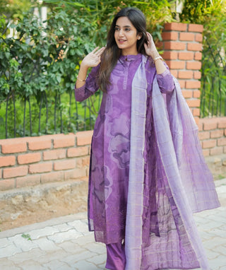 Purple Muslin 3-Piece Set with Embroidery – Festive Wear