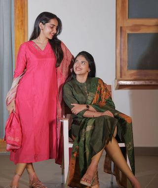 Raspberry Rose Blush Hand Embroidered Kurti with Shawl