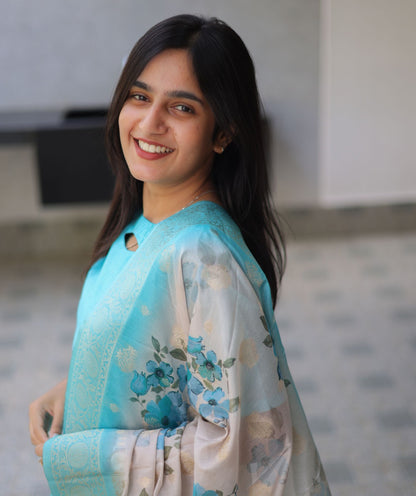 Teal Tapestry - Sky Blue Kurti With Banaras Shawl