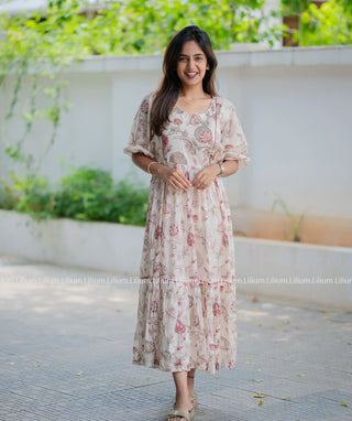 Cream Floral Printed Muslin Maxi Dress