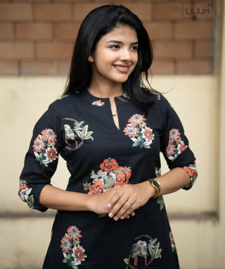 Ebony Flora Cotton A-Line Kurti with Pockets