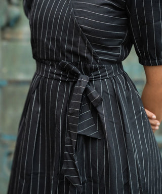 Cotton Maxi Dress in Midnight Lines with Pockets