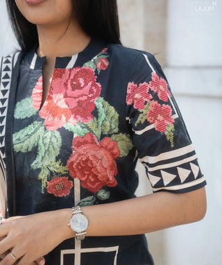 Midnight Bloom Cotton Kurti with Shawl & Elbow Sleeves