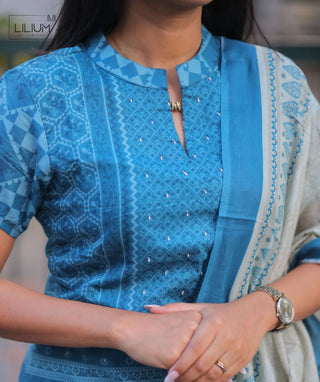 Azure Heritage Cotton 3 Piece Set with Hand Embroidery