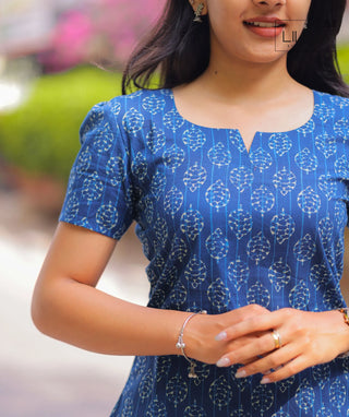 Azure Blue Handblock Cotton Short Top – Casual Wear