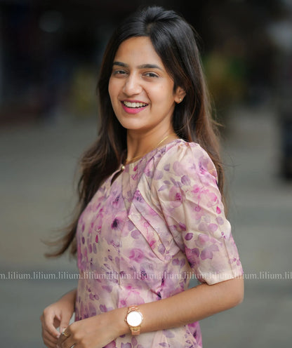 Peach Chanderi Kurti with Lavender Blossom