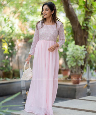 Elegant Soft Pink Georgette Gown with Sequin Embroidery