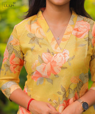 Honey Yellow Floral Muslin Kurti – Everyday Casual Wear