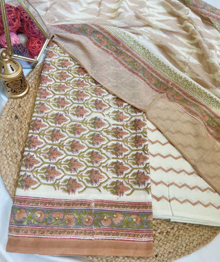 Halfwhite Cotton Unstitched Suit with Brown Floral Print